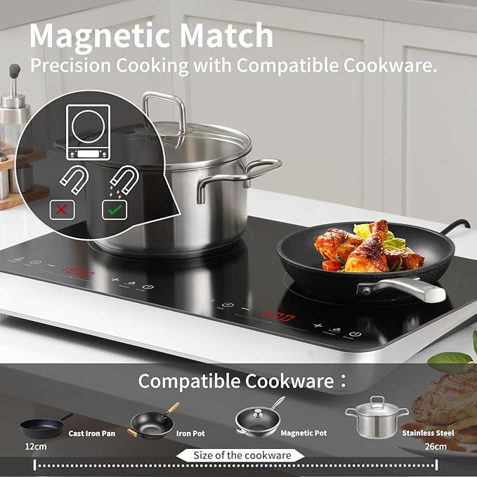 Double Induction Cooktop Burner with Fast Warm-Up Mode, 1800w 2 Burner with 10 Temperature 9 Power Settings, Portable Dual Induction Cooker Cooktop with Child Safety Lock & Time