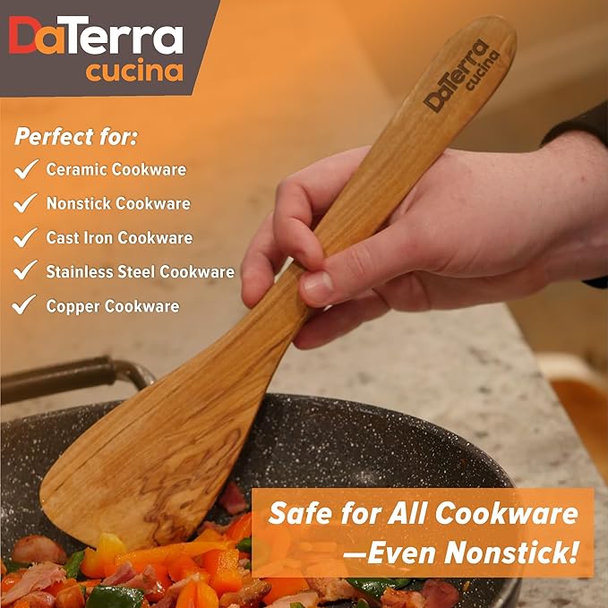 12-Inch Olive Wood Cooking Tools – 5-Piece Wooden Kitchen Utensils Set with Spoons, Spatulas & Cooking Tools – Wood Kitchen Utensils Set for Cooking – Crafted Wood Essentials by DaTerra Cucina