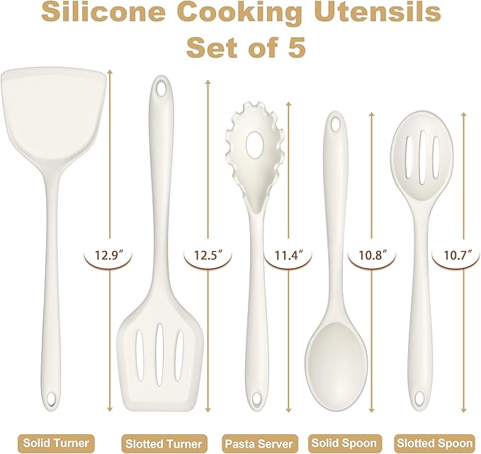 TeamFar Silicone Cooking Utensils Set of 5, Kitchen Utensils Solid & Slotted Spoons Turners Pasta Server for Nonstick Cookware, Healthy & Heat-Resistant, Seamless & Non-Scratch, Dishwasher Safe, White