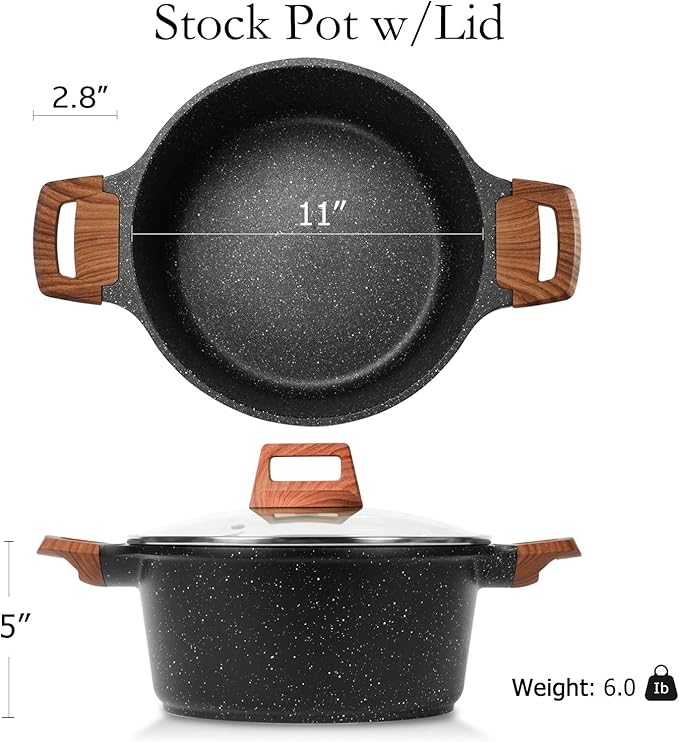 ESLITE LIFE Nonstick Stock Pot with Lid, 7 Quart Granite Casserole Large Soup Pot Pasta Cooking Pot, Induction Compatible, PTFE & PFOA Free, Black