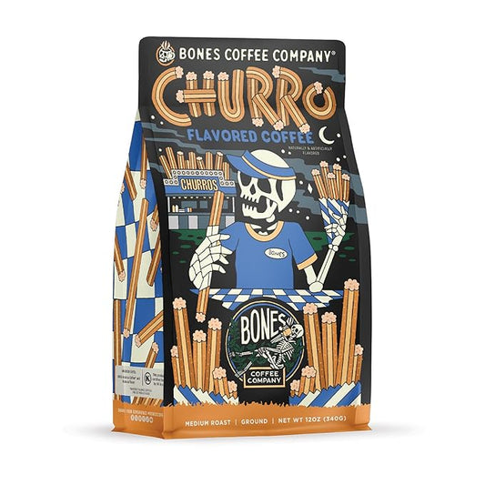 Bones Coffee Company Churro, Sweet Sugary Cinnamon Flavored Coffee, Medium Roast Low Acid Arabica Beans Compatible with Auto drip and French Press Coffee Maker, 12 Oz Ground