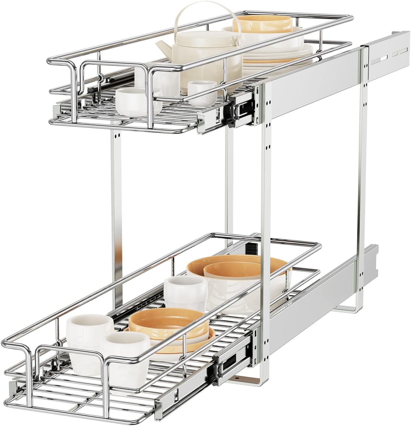 ROOMTEC Individual Pull Out Cabinet Organizer (9" W x 21½" D), 2 Tier Spice Rack Organizer for Cabinet, Slide Out Drawer Pantry Shelf Organization and Storage for Kitchen Bathroom