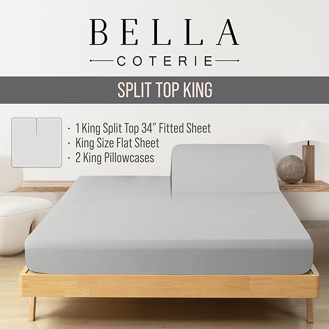 Bella Coterie Luxury Bamboo Viscose Split Top King Size Sheet Set | 100% Organically Grown | Ultra Soft | 34" Split | Cooling for Hot Sleepers | 18" Deep Pocket [Grey Mist]