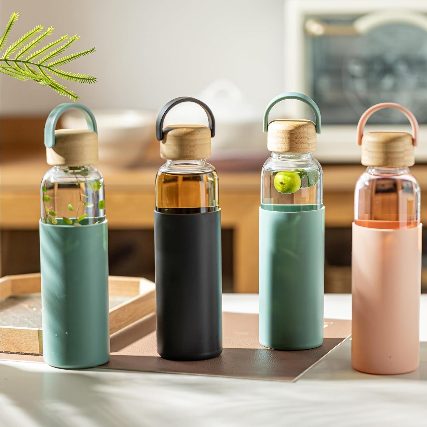 21oz Borosilicate Glass Water Bottles with Silicone Non-Slip Sleeve & Leak-Proof Lid-Reusable Drink Bottle for Office,Travel,Gym,Hiking-BPA Free,Ideal Gift for Home,Car &Fitness (Pink+Black+Green)