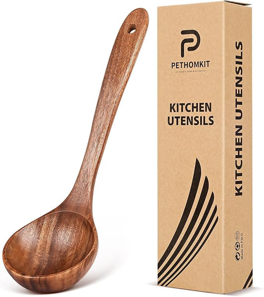 Wooden Soup Spoon for Cooking, Teak Acacia Soup Ladle, Non-Toxic Natural Wood Serving Spoon for Gravy Sauce Porridge, Long Handle Deep Scooper Server Utensil, No-Scratch Cookware Surface,10.6″