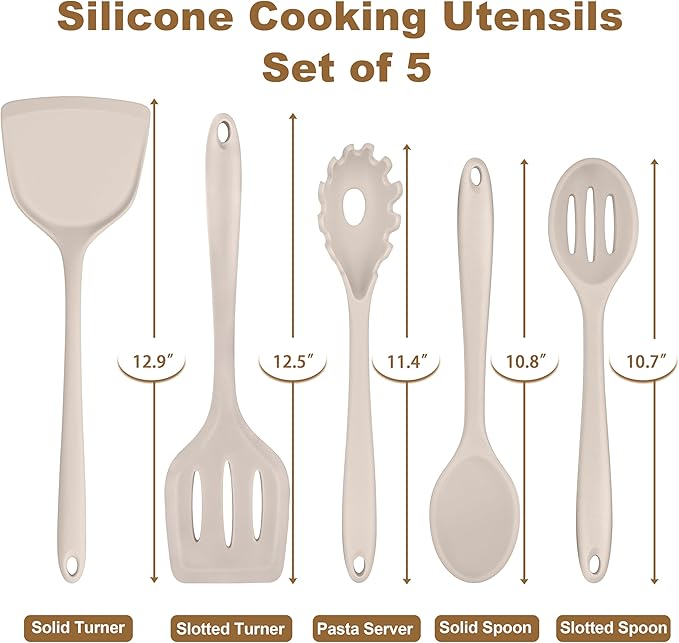TeamFar Silicone Cooking Utensils, Kitchen Utensils Set of 5, Nonstick Cookware Tools Turners Spoons Pasta Server for Home, Healthy & Heat-Resistant, Seamless & Non-Scratch, Dishwasher Safe, Khaki