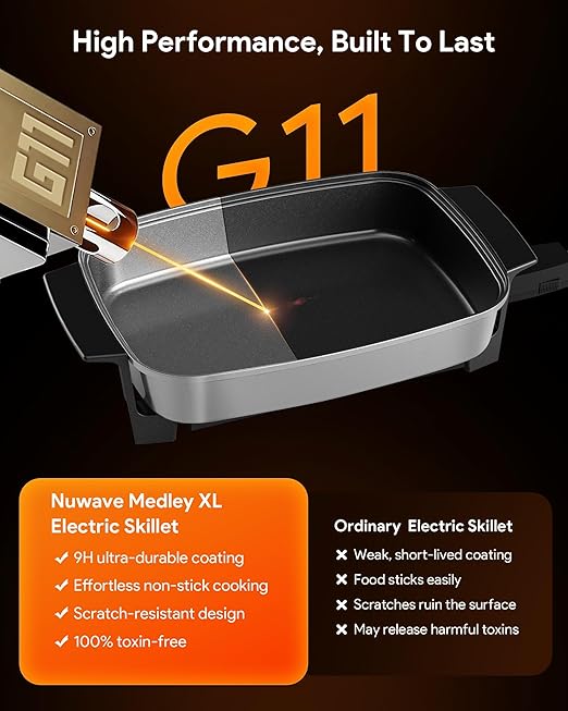 Nuwave Medley XL Digital Electric Skillet, Family Size Griddle w/Glass Lid, 2025 New & Improved Precision Heating, 100°-425°F, PFAS Free G11 Nonstick Ceramic Coating, Portable Hot Plate, 7qt Capacity