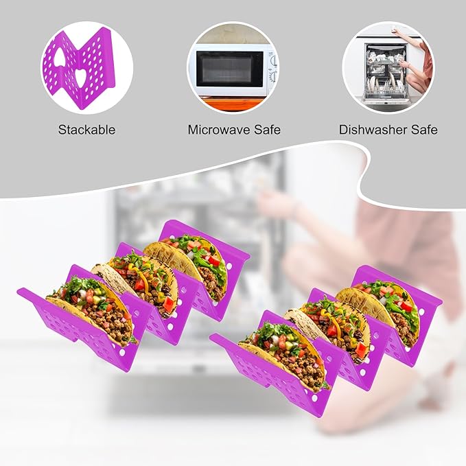 uxcell 8 Pcs Taco Holder Stand, Plastic Taco Plates Hold Up to 3 Tacos, Hollow Carved Taco Shell Holder, Dishwasher Microwave Safe, Purple