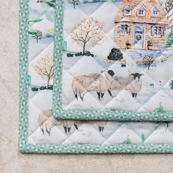 Maison d' Hermine Pot Holders Set 100% Cotton Heat Resistant Potholders 8" x 8" Hot Pads with Loop BBQ, Cooking, Baking, Grilling, Kitchen, Handling Hot Pans (Pack of 2, Snowy World)