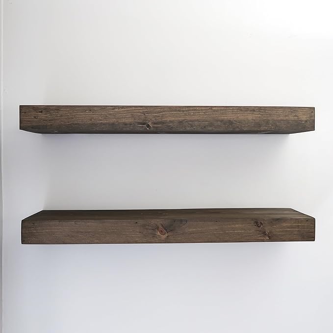 Modern Floating Shelves 3 Inches Thick for Wall, Wide Shelves for Kitchen, Living Room, Bedroom, and Bathroom, Natural Pine Wood, Rustic Wooden Shelf, (Set of 2) (Jacobean, 60Lx3Hx6D)