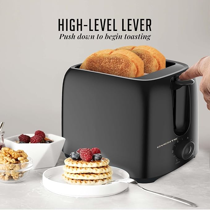 OVENTE Electric 2 Slice Toaster Machine with 6-Shade Browning Selector Setting, Compact Design and Removable Crumb Tray, 700W Power Perfect for Toasting Bread, Thin Bagels and Waffles, Black TP2210B