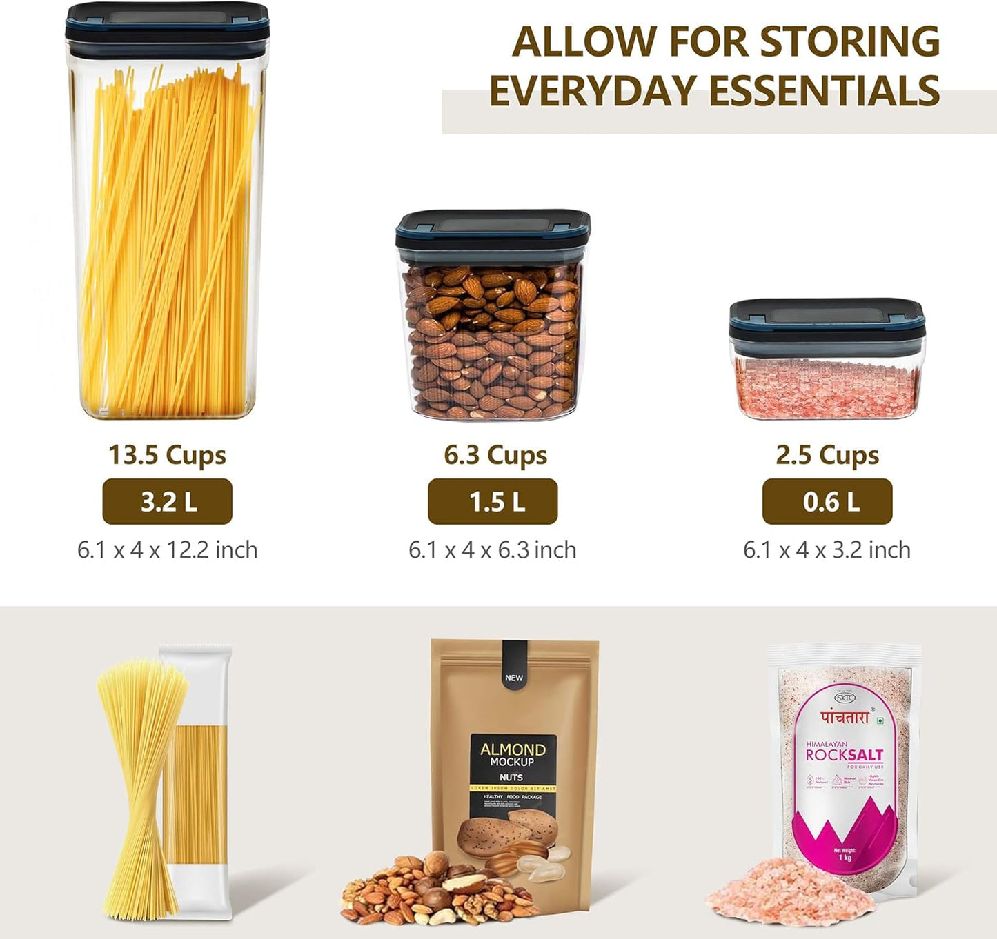 Flip-Lock Airtight Food Storage Containers 6-PC (0.6 Qt*2+1.6 Qt*3+3.4 Qt),Leakproof Ring Seal Top,Anti-Slip Pantry Canister for Flour Sugar,Coffee,Dog Food Treat,Rectangle Black