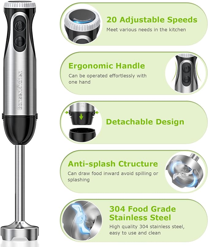 Bonsenkitchen Immersion Handheld Blender with Whisk, 20-Speed & Turbo Mode Hand Blender Stick 500W, 304 Stainless Steel Hand Blender for Soup, Smoothie, Puree, Baby Food