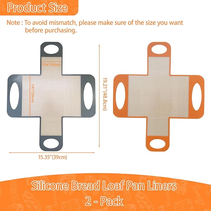 Reusable Silicone Bread Loaf Pan Liner, Food-Grade Silicone Bread Sling, Sourdough Bread Baking Mat, Non-Stick &Easy Clean Dough Transfer Tool, Fits 9x5" or 1.5lb Loaf Pans, Grey & Orange, 2PCS