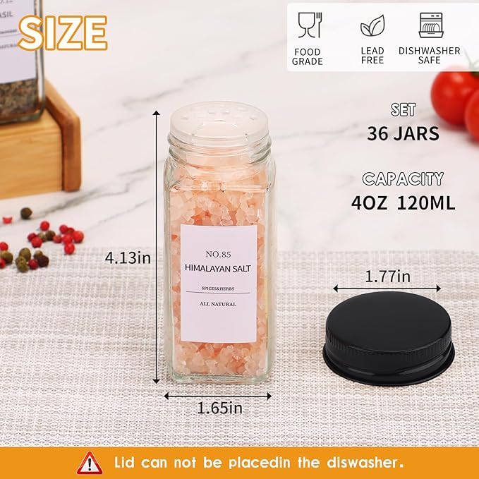 Spice Jars - 36 pieces, labeled spice jars with black metal lids, empty glass spice jar set, spice storage containers, kitchen set, ideal for organizing and storing food in the pantry.