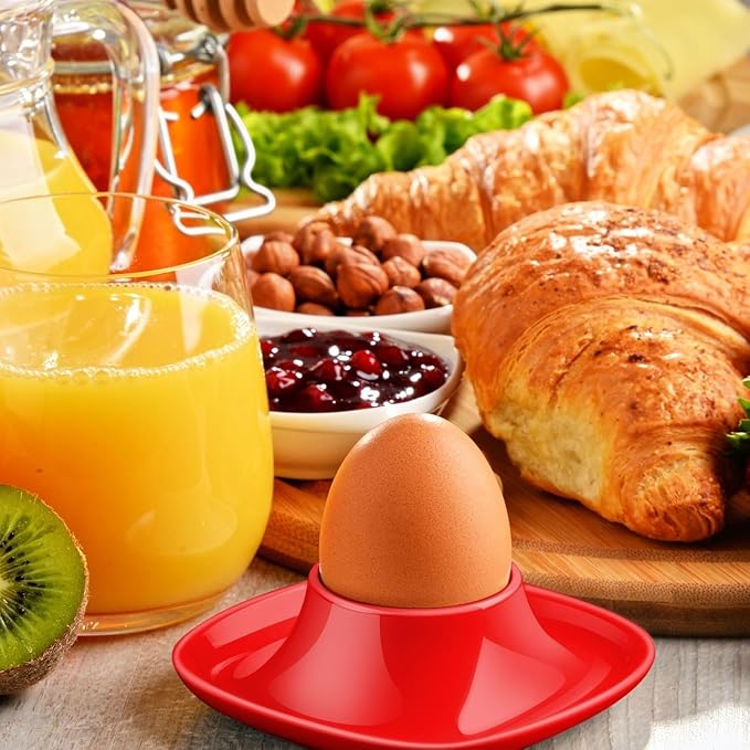 Flexzion Soft Boiled Egg Holder Set - 4-Piece Red Ceramic Egg Cup, Stackable Egg Coddler Cups with Base for Serving, Breakfast, Brunch - Kitchen Table Decor, Red