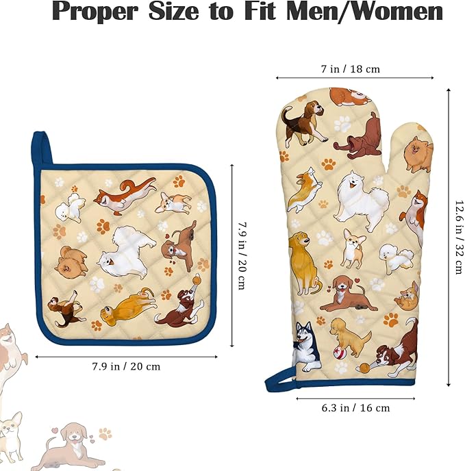 Dogs Oven Mitts and Pot Holders Sets 100% Cotton Heat Resistant, Extra Long Oven Gloves Potholder for Kitchen Cooking Baking Housewarming