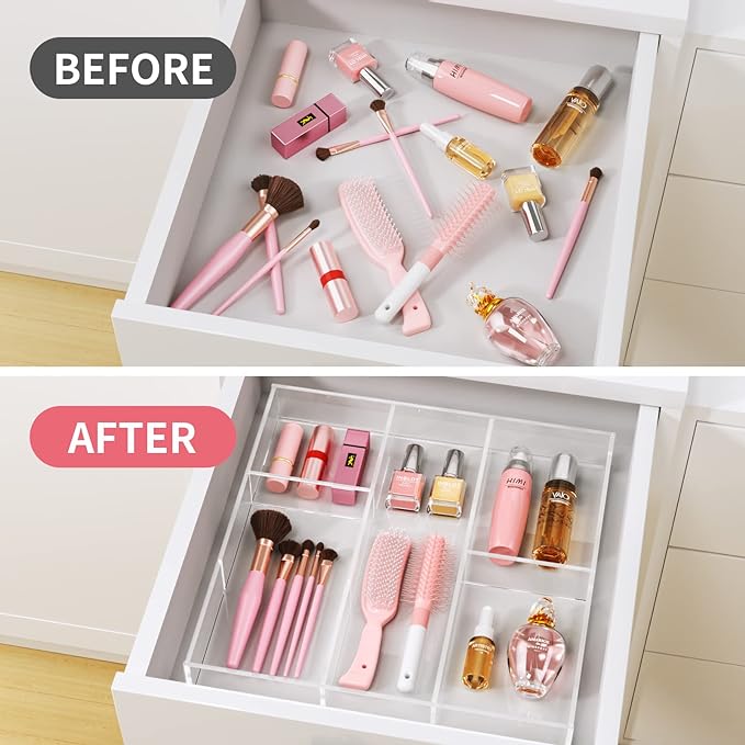 HIIMIEI Acrylic Drawer Organizer, 6 Section Clear Makeup Tray Organizer for Drawer Office Bedroom(11.8x11.8 inch)