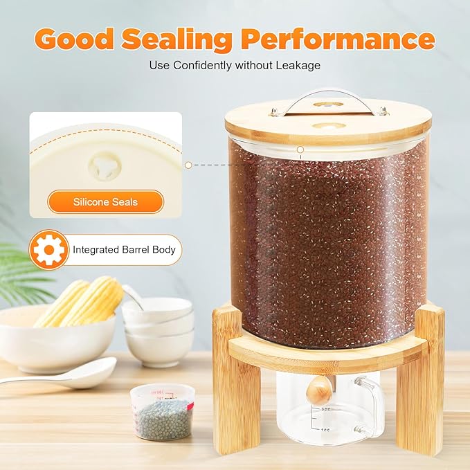 Flour and Cereal Container, Rice Dispenser, Creative Glass Food Storge Container for Kitchen Organization and Pantry Store, Airtight Lid and Wooden Stand (5L)