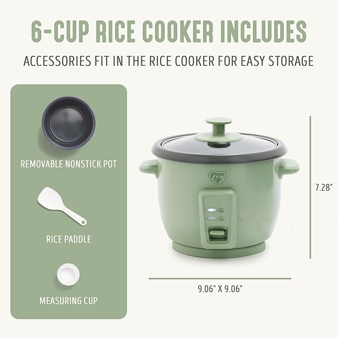 GreenLife Electric Rice Cooker, 3-Cups Uncooked/6-Cups Cooked, Removable PFAS-Free Nonstick Pot, One-Switch Design, Auto Keep Warm, Small Space Saving, Rice Paddle, Soup, Grains, Oatmeal, 1.5 QT, Green