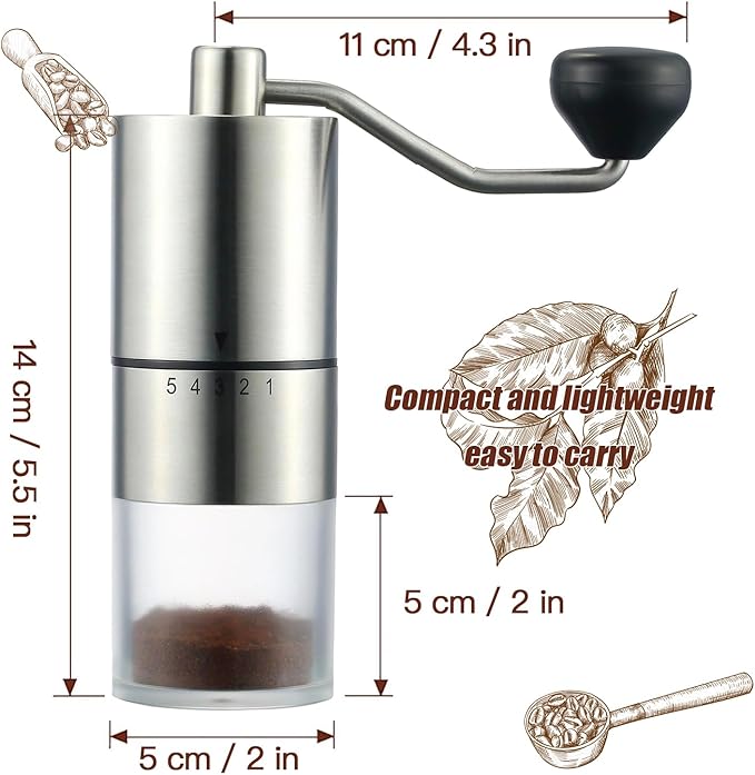 Portable Manual Coffee Grinder - Conical Burr with 5 Adjustable Settings for Smooth Grinding, Perfect for Espresso Enthusiasts at Home, Office, or Camping
