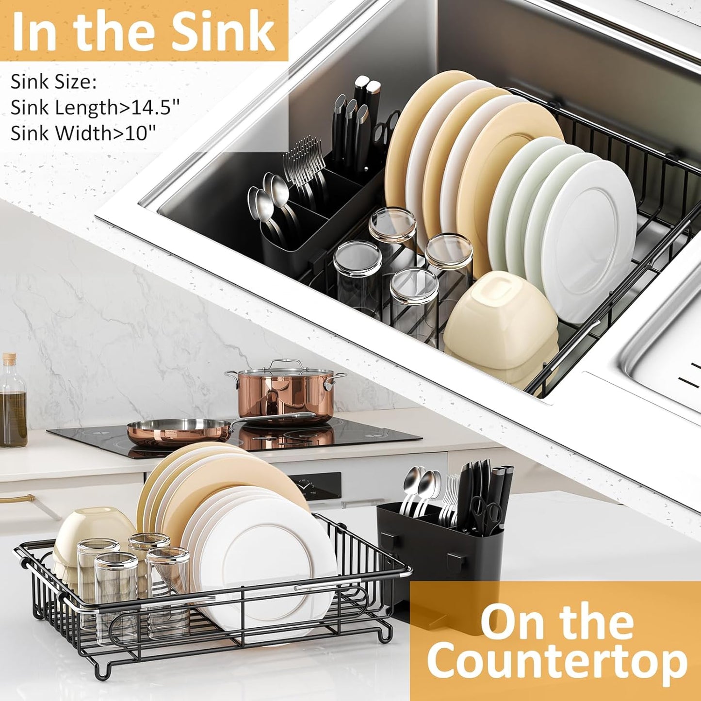 Expandable in Sink Dish Drying Rack,Small Dish Rack Over Sink with Utensil Holder,Stainless Steel Dish Drainers for Kitchen Counter,Sink Drying Rack for Small Space,14.5“-20.5” L x 10“ W x 3.5” H