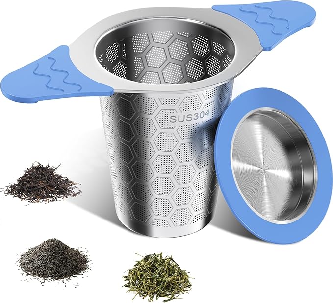 Tea Infuser for Loose Leaf Tea,18/8 Stainless Steel Tea Infuser with Heat Proof Silicone Handles,Extra Fine Mesh Tea Strainers Filter Fine Tea Leaves Effectively,Fits TeaPots/Mugs -Blue