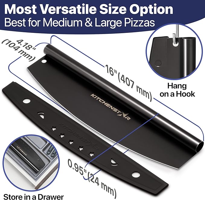 KitchenStar 16-Inch Pizza Cutter Rocker Blade - Sharp Stainless Steel Slicer Knife, Protective Cover, Black Nonstick, Large - Professional Pizza Oven Accessories