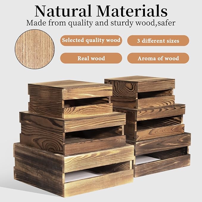 6 Pcs Buffet Risers with Mini Signs, Rustic Wood Cake Stands, Food Risers for Buffet Table, Dessert Display Stand, Wood Crates, Rustic Cake Stand for Party, Wedding, Birthday, Baby Shower, 3 Sizes