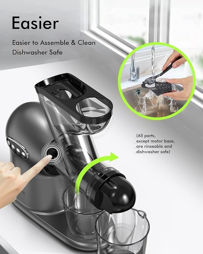 SiFENE Cold Press Juicer, 3” Wide Dual Chute Whole Slow Masticating Juicer Machine with Anti Clog Function for Celery Wheatgrass, Fruit and Vegetable Juice Extractor, Non-BPA, Easy to Clean