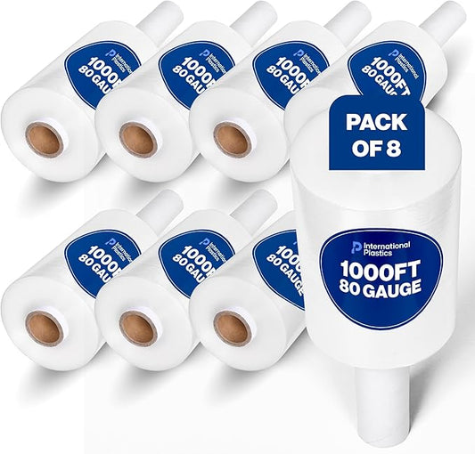 International Plastics Co. 18" Plastic Stretch Film/Wrap 1200ft 500% Stretch Clear Cling Durable Adhering Packing Moving Packaging Heavy Duty Shrink (5" Products, 8 Pack)