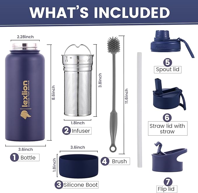 Lexlion Tea Infuser Bottle - Fruit Infuser Water Bottle 32 Oz, Triple Walled Insulated Stainless Steel Bottle, Thermal Leaf Infuser, Silicone Sleeve, 3 Lids Leakproof, Metal Mug Gallon