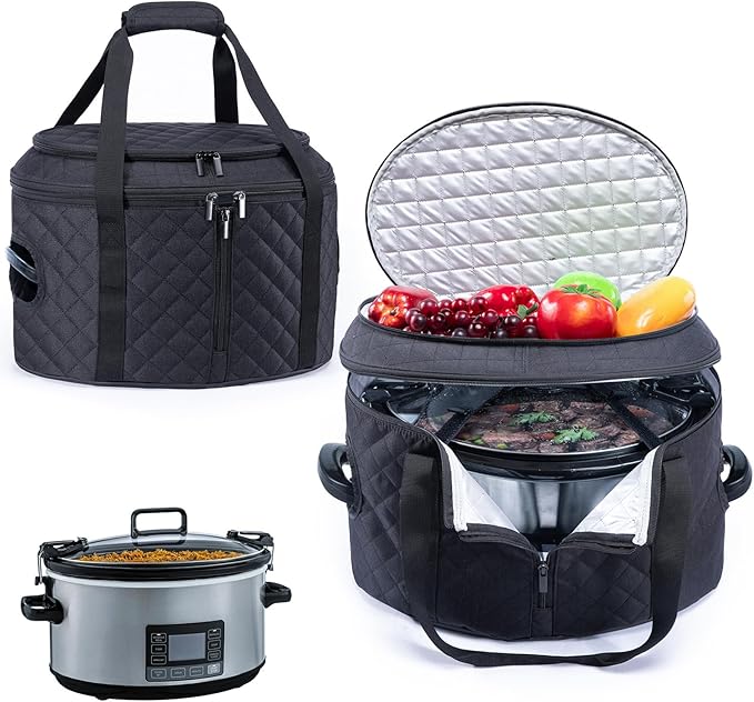 BAGSPRITE Double-layer Slow Cooker Carrying Case Compatible with 6-8 Quart Crockpot Carrier for Hot Food and Hamlton Beach Slow Cooker Tote with Lid Fastener for Crock-pot Dust Cover Applicances