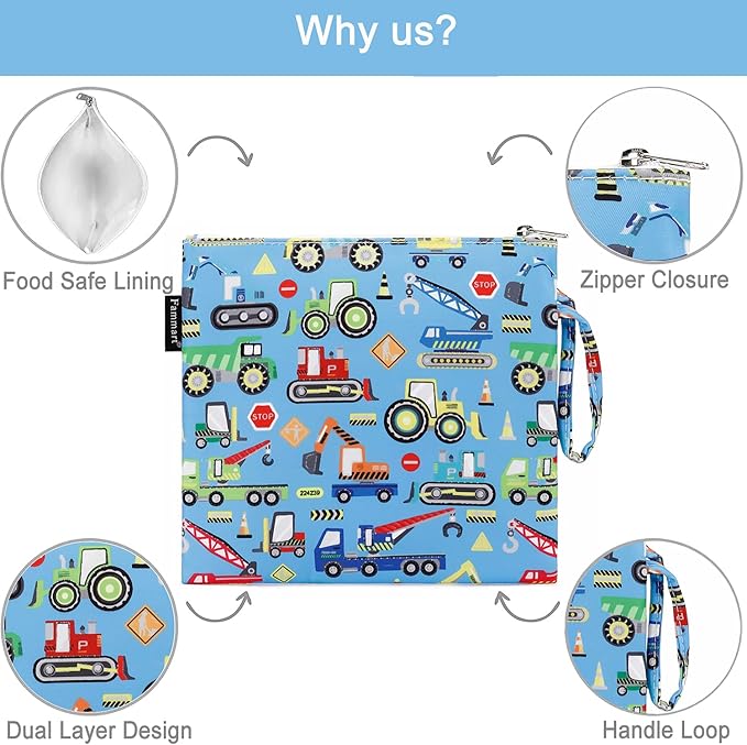Reusable Sandwich Bag/Snack Bag for Kids & Adults, Dual Layer Lunch Bag with Handle, Washable, Food Safe, BPA Free (1-Pack, Car)