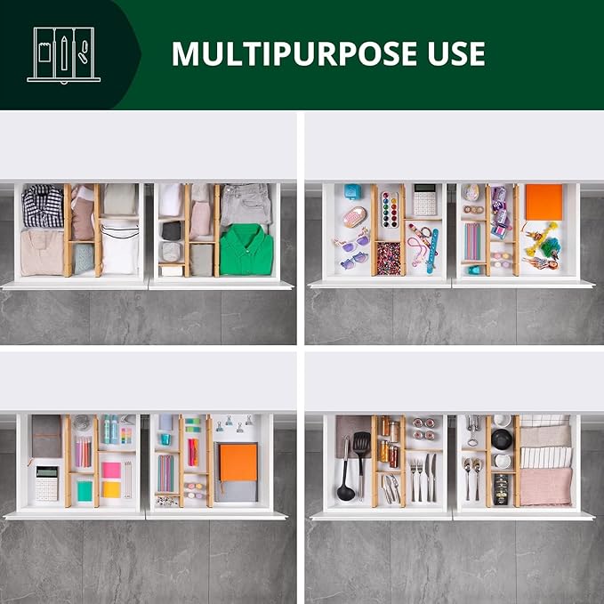 ROYAL CRAFT WOOD Adjustable Bamboo Drawer Dividers Organizers (17-21.5") with Inserts - Expandable Drawer Organization Separators for Kitchen Utensils, Clothes, 4-Pack