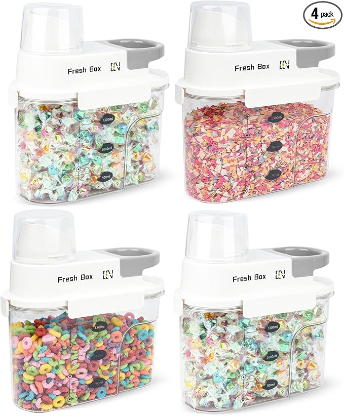 Cereal Storage Container 4Pack,44oz/1.3L Airtight Food Storage Containers With Lids,Organizers Storage With Measuring Cup for Beans,Sugar,Rice,Nuts,Snacks,Pet Food,Candy