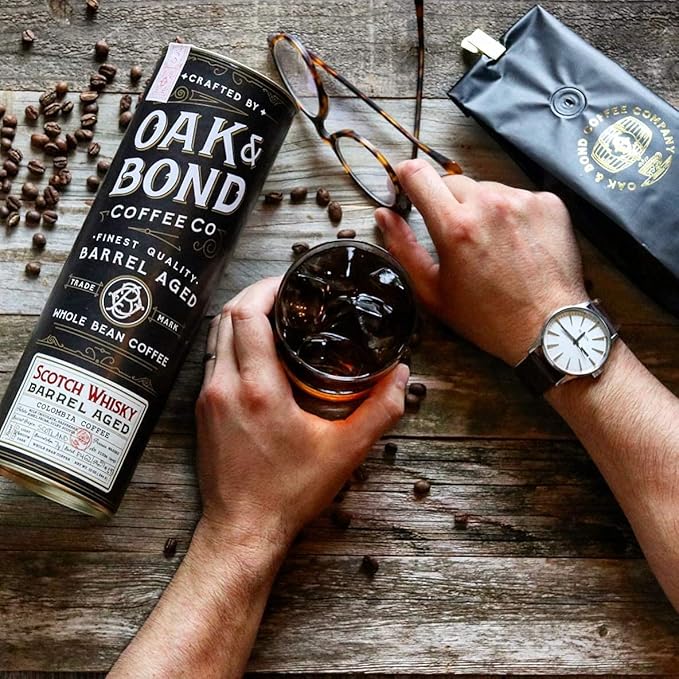Scotch Whisky Barrel Aged Coffee, Colombia Single Origin Washed Whole Coffee Bean, Medium Roast w/Flavor Notes of Milk Chocolate, Raspberry, Honey, Silky Scotch by Oak & Bond Coffee Co. – 10oz.