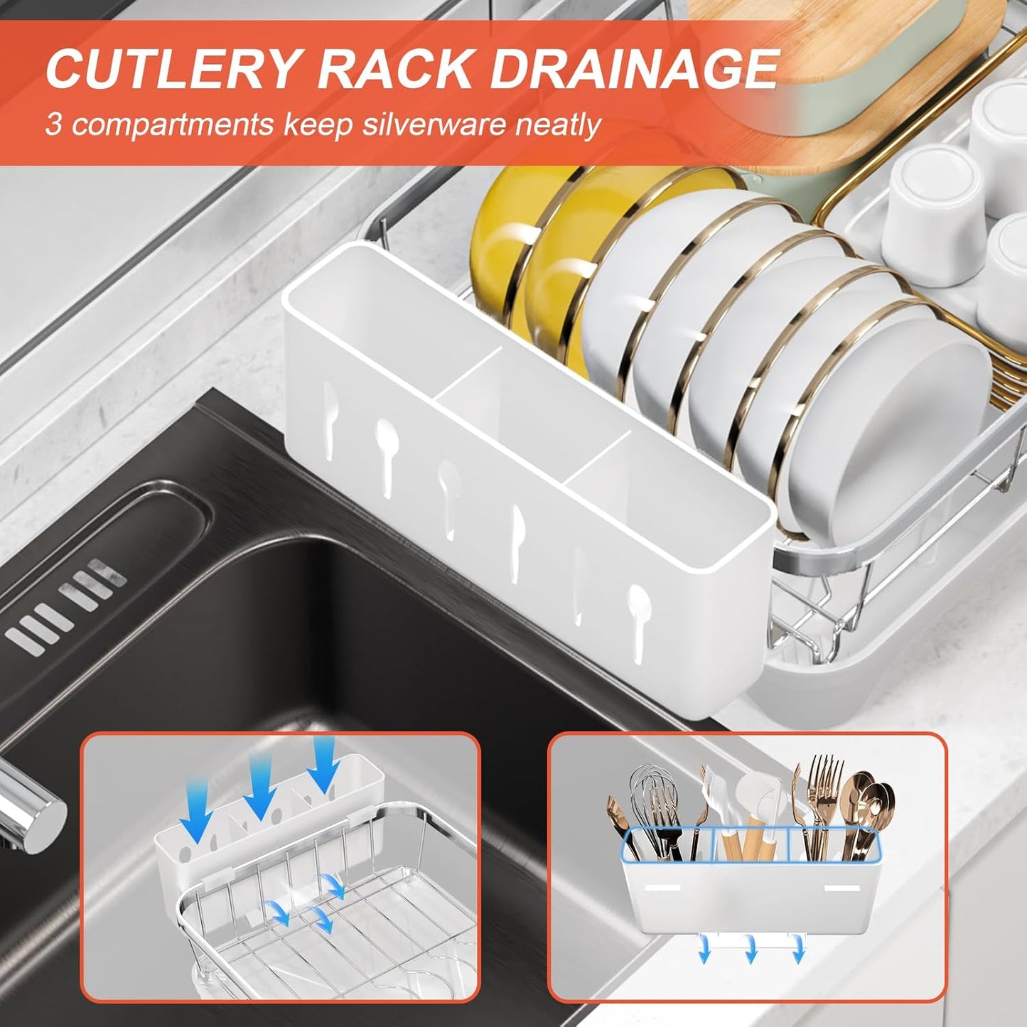 Dish Drying Rack - 304 Stainless Steel Dish Rack with Utensil Holder & Adjustable Spout, Space-Saving Organizer, Large Capacity for Bowls, Dish Drainer with Drainboard, White