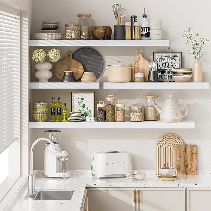 Heimlove 12" Deep White Floating Shelves for Wall, 24 Inch Wall Shelf Bathroom Shelves Set of 2, Wall Mounted Shelves for Books Living Room Laundry Room Bedroom Kitchen Home Office