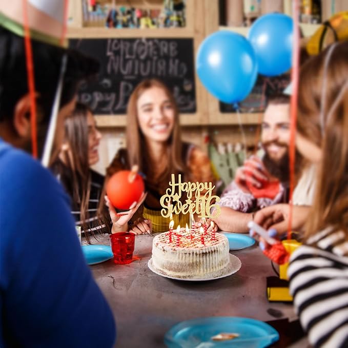 Gyufise 1Pc Happy Sweet 16 Cake Topper Gold Glitter 16th Birthday Cake Topper Sweet 16 Decorations 16th Birthday Decorations