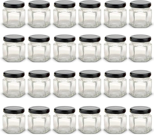 1.5 oz Hexagon Mini Glass Jars with BLACK Lids and Labels (Pack of 24)