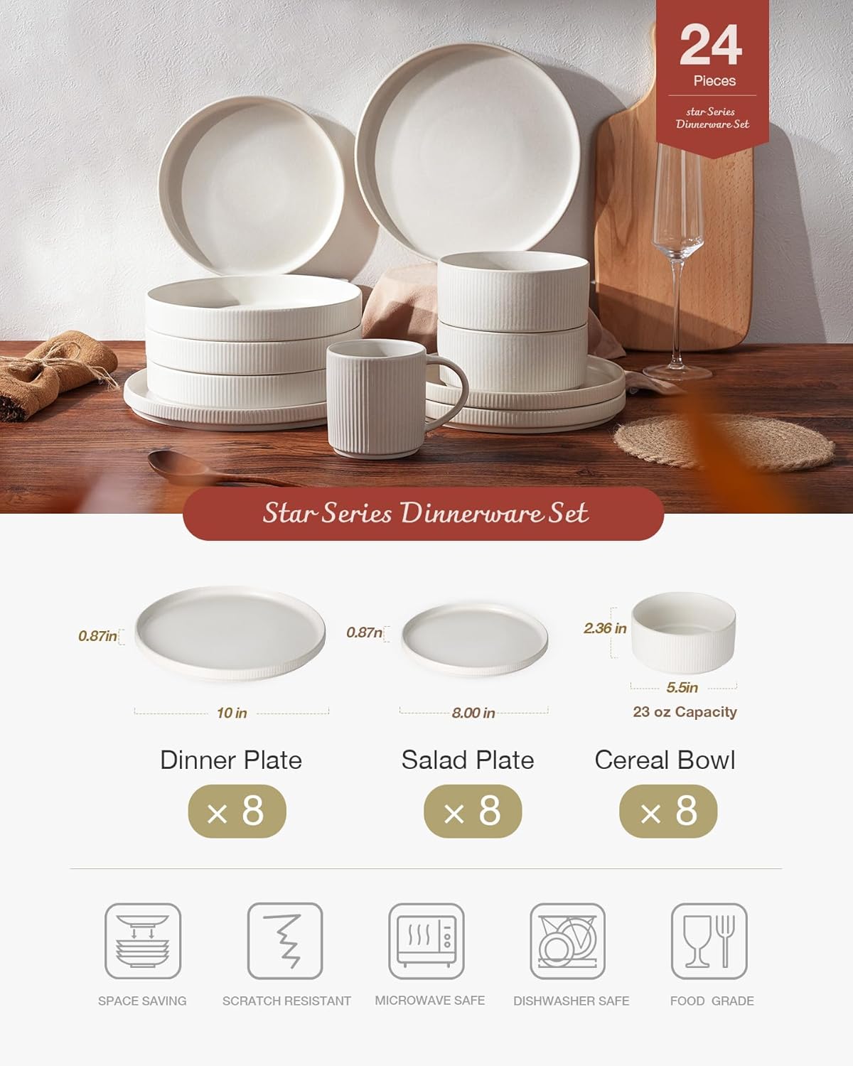 Famiware Star Plates and Bowls Sets, Modern Stoneware Dinnerware Sets for 8, 24-Piece Kitchen Dish Set - Microwave and Dishwasher Safe, Chip and Scratch Resistant, Matte White