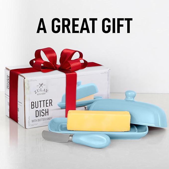 Zulay Butter Dish With Lid For Countertop - Porcelain White, Ceramic Butter Dish with Knob Handle Great for Cooking - Elegant Design Butter Holder - Durable & Sturdy Butter Keeper - Light Blue