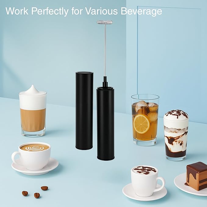 Rechargeable Milk Frother, Electric Coffee Foamer, Handheld Drink Mixer for Latte, Cappuccino, Coffee, Eggs, Hot Chocolate, Protein,Paint Black
