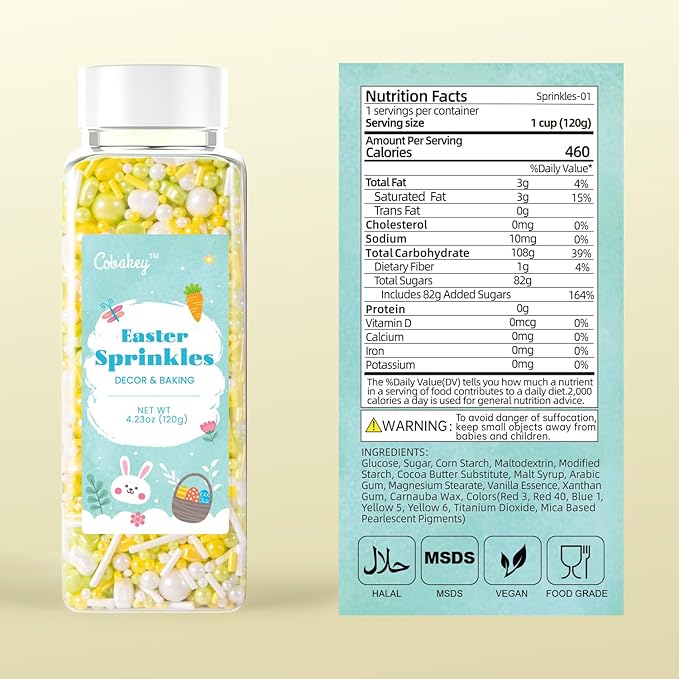 Cobakey Easter Sprinkles for Cookies 4.23 Ounce Spring Sprinkles for Baking Yellow & Green Edible Heart Perfect for Easter Cake Decorations, Baking, Ice Cream, Cookies, Cupcake Topper