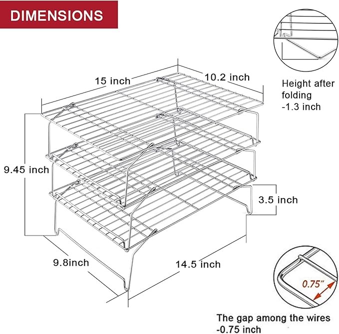 P&P CHEF 3-Tier Cooling Rack Set, Stackable Stainless Steel Baking Cooling Roasting Cooking Racks for Cake, Pastry, Bread, Meat, Bacon, Collapsible & Thick Wire, Oven Safe, 15" x10", Silver