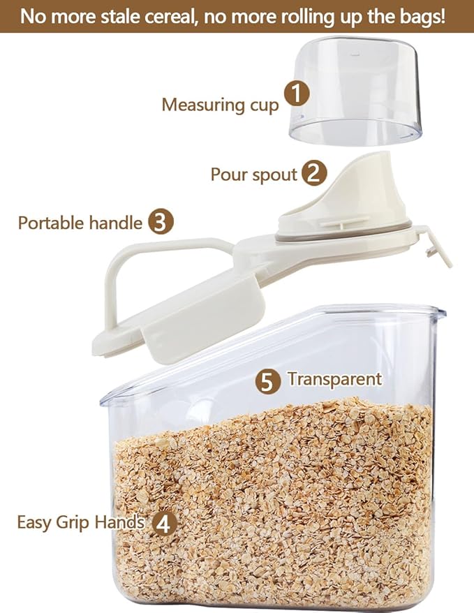 Small Cereal Containers Storage with Pour Spout and Measuring Cup Food Storage Containers Airtight Plastic Dry Food Dispenser for Flour, Grain, Rice, White, 1.6L / 54oz (4pcs)