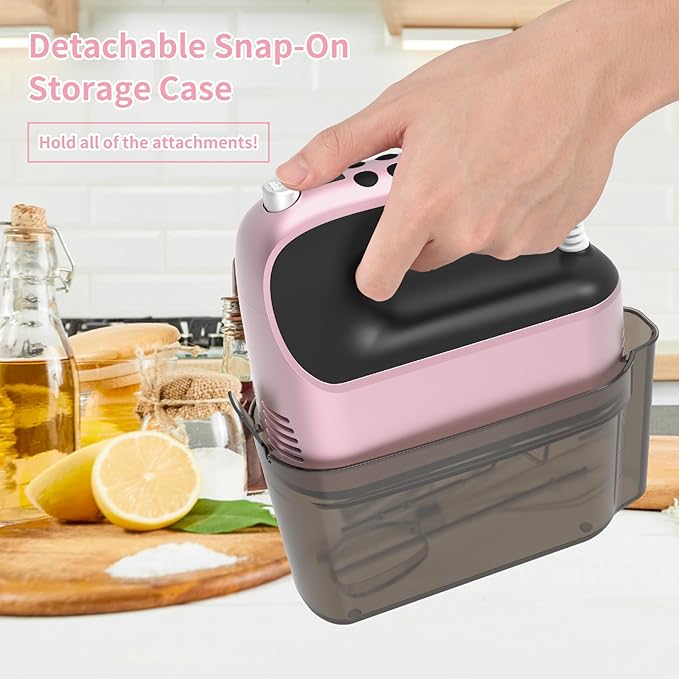 9-Speed Digital Hand Mixer Electric, 400W Powerful DC Motor, Baking Mixer Handheld with Snap-On Storage Case, 5 Stainless Steel Accessories, Flat Beaters, Dough Hooks, Whisk (Rose Gold)