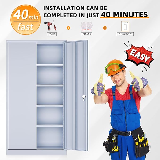 INTERGREAT Metal Storage Cabinets 72” Cement Grey Garage Steel Storage Cabinet with Doors and Shelves, Steel File Cabinet for Home Office, Basement, Warehouse, Classroom（Anti Tipping）