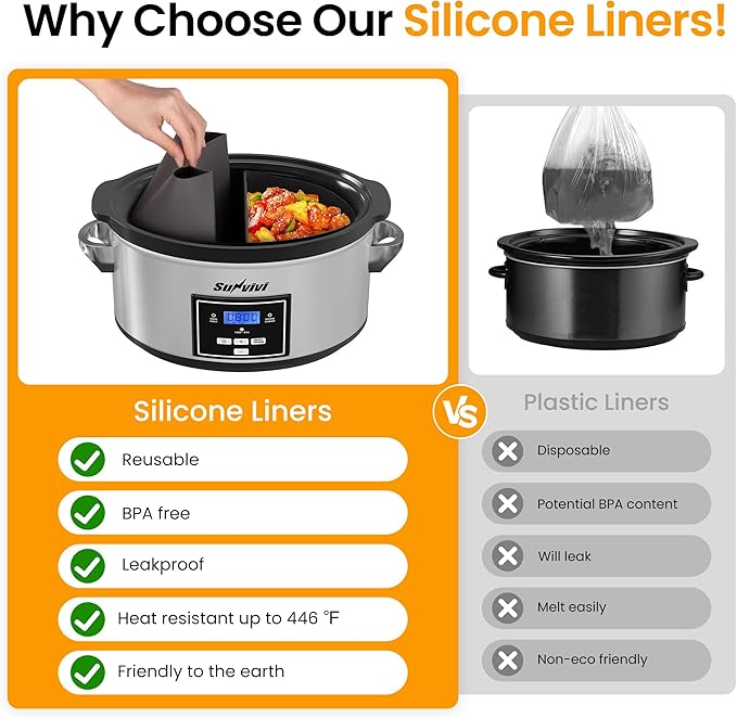 Sunvivi 6 Quart Programmable Slow Cooker with 2 in 1 Silicone Liners, Multi-Cooker Food Warmer with Digital Timer, Adjustable Tempature Control, Dishwasher Safe Parts, Silver